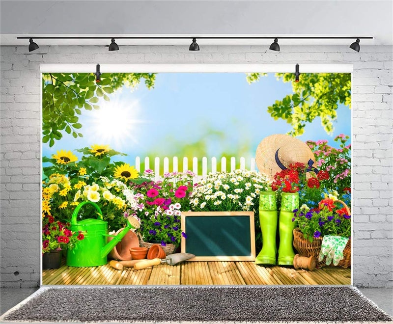 AOFOTO 8x6ft Spring Garden Backdrop for Pictures Gardening Tools Flowers Watering Can Green Plants Potting Photography Background Nature Scenery Rural Fence Sunflowers Portrait Photo Studio Prop Vinyl - Image 4